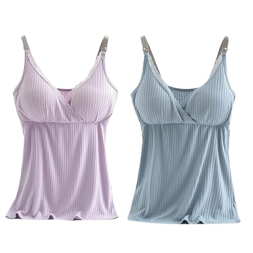 AOOPOO 2er Pack Damen Stilltop V-Ausschnitt aus Spitze Tanktop Unterhemd mit Integriertem BH für Stillen Schlaf Camisole Oberteil Schwangere Frauen Umstandsmode Schwangerschafts Still Tops von AOOPOO