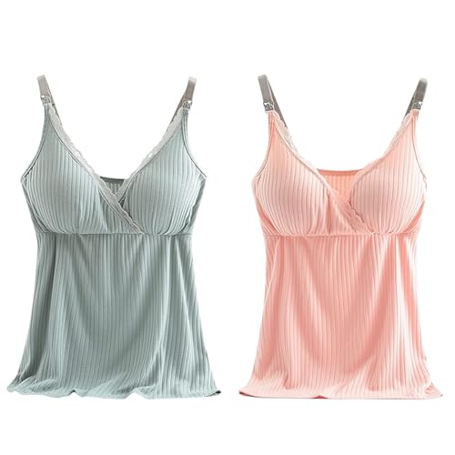 AOOPOO 2er Pack Damen Stilltop V-Ausschnitt aus Spitze Tanktop Unterhemd mit Integriertem BH für Stillen Schlaf Camisole Oberteil Schwangere Frauen Umstandsmode Schwangerschafts Still Tops von AOOPOO