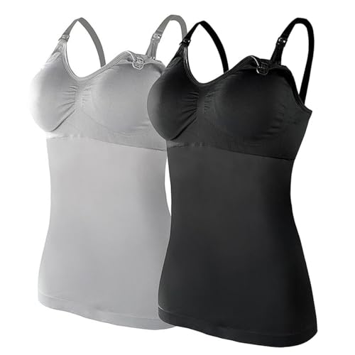 AOOPOO 2er-Pack Damen Stilltops ohne Bügel Tanktop Unterhemd mit Integriertem BH für Stillen Schlaf Damen Stillunterhemd Stillshirt Stilltop Stillshirt Stilltop Umstandstop Basic Tank Tops von AOOPOO