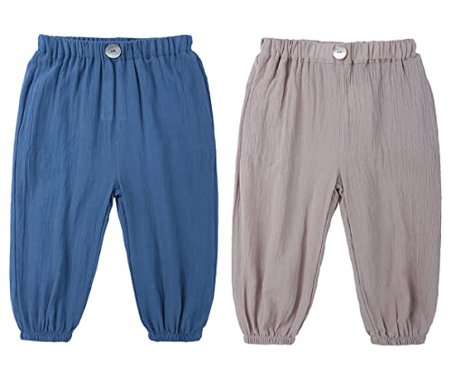 AOOPOO 2er Pack Leinen Kinderhosen Jungen Jungen Elastische Taille Lose Lange Haremshosen Gr.74/80-122/128 Bloomers Baumwolle Klimahose Jungen Mädchen Sommerhose von AOOPOO