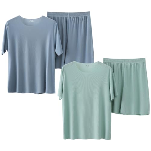 AOOPOO 2er-Pack Schlafanzug Herren Kurz Zweiteiliger Pyjama Set Nachtwäsche Sommer Kurzarm Rundhals T-Shirt Oberteil und Schlafanzughose Pyjamahose Weich Hausanzug Sleepwear für Männer S-XXL von AOOPOO