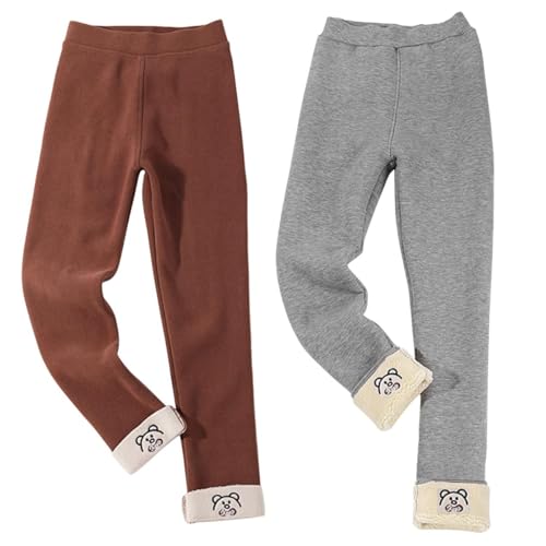 AOOPOO 2er Pack Thermo Leggings Mädchen Gefütterte Winter Leggings mit Fleece Kinder Hohe Taille Thermohose Gr. 104/116/128/134/146/158/164 Bär Stickerei Muster Dicke Warme Hose für Mädchen 2-16 Jahre von AOOPOO