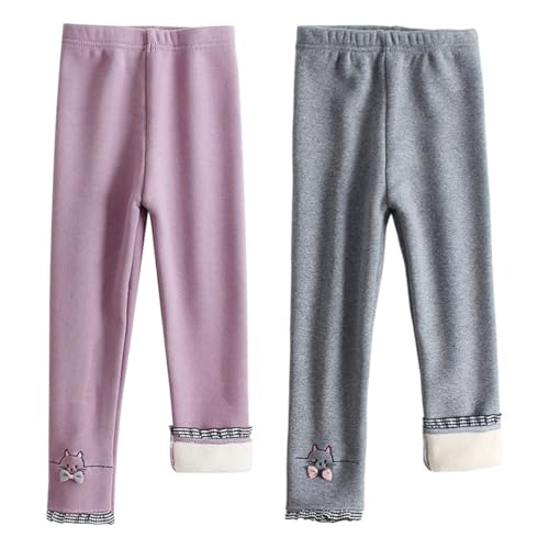 AOOPOO 2er Pack Thermo Leggings Mädchen Gefütterte Winter Leggings mit Fleece Mädchen Thermoleggings Gr. 86-140 Baumwolle Katzen Stickerei Muster Dicke Warm Lange Hose für Kinder Kleinkinder 2-9 Jahre von AOOPOO