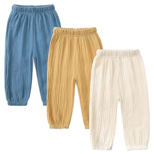 AOOPOO 3er Pack Baby Kinder Mädchen Jungen Sommer Leinenhose Bloomers Baumwolle Lange Hosen Leichte Atmungsaktive Dünn Pumphose Haremshose Jogginghose Lässige Hose von AOOPOO