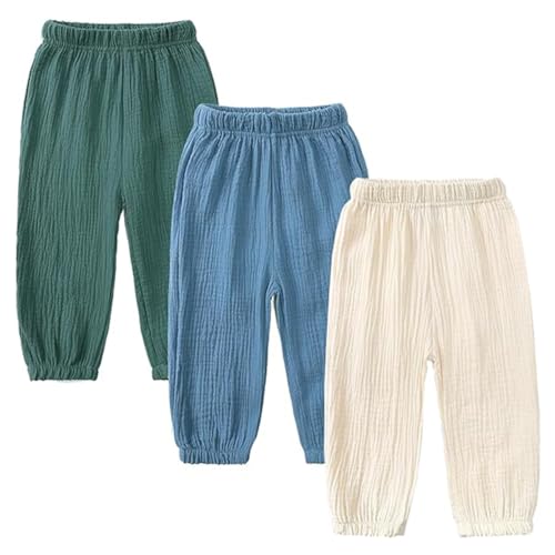 AOOPOO 3er Pack Baby Kinder Mädchen Jungen Sommer Leinenhose Bloomers Baumwolle Lange Hosen Leichte Atmungsaktive Dünn Pumphose Haremshose Jogginghose Lässige Hose von AOOPOO