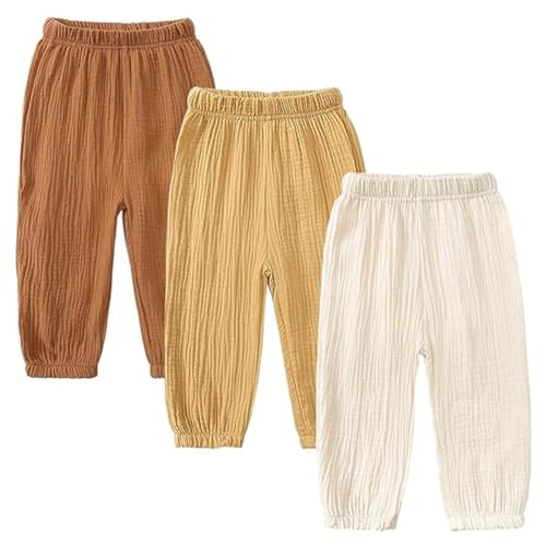 AOOPOO 3er Pack Baby Kinder Mädchen Jungen Sommer Leinenhose Bloomers Baumwolle Lange Hosen Leichte Atmungsaktive Dünn Pumphose Haremshose Jogginghose Lässige Hose von AOOPOO