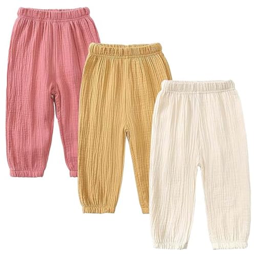 AOOPOO 3er Pack Baby Kinder Mädchen Jungen Sommer Leinenhose Bloomers Baumwolle Lange Hosen Leichte Atmungsaktive Dünn Pumphose Haremshose Jogginghose Lässige Hose von AOOPOO