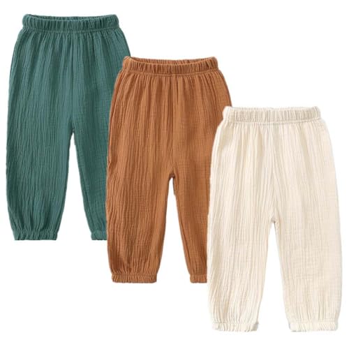 AOOPOO 3er Pack Baby Kinder Mädchen Jungen Sommer Leinenhose Bloomers Baumwolle Lange Hosen Leichte Atmungsaktive Dünn Pumphose Haremshose Jogginghose Lässige Hose von AOOPOO