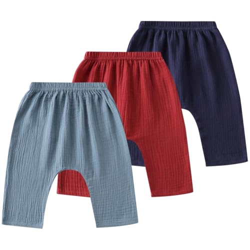 AOOPOO 3er Pack Baby Kinder Mädchen Jungen Sommer Leinenhose Bloomers Doppellagiges Baumwollgarn Lange Hosen Leichte Atmungsaktive Dünn Pumphose Haremshose Jogginghose Lässige Hose von AOOPOO