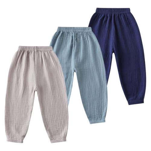 AOOPOO 3er Pack Baby Kinder Mädchen Jungen Sommer Leinenhose Bloomers Doppellagiges Baumwollgarn Lange Hosen Leichte Atmungsaktive Sommerhosen Dünn Pumphose Haremshose Jogginghose Lässige Hose von AOOPOO
