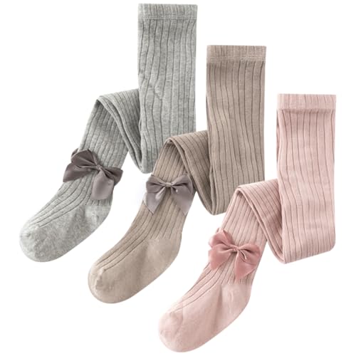 AOOPOO 3er Pack Baby Strumpfhosen für Mädchen Weiche Baumwolle Kinderstrumpfhose mit Schleife Neugeborenen Kleinkind Solide Strick Socken Warme Strümpfe Leggings für Mädchen 6 Monate-10 Jahre von AOOPOO