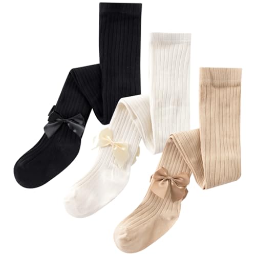 AOOPOO 3er Pack Baby Strumpfhosen für Mädchen Weiche Baumwolle Kinderstrumpfhose mit Schleife Neugeborenen Kleinkind Solide Strick Socken Warme Strümpfe Leggings für Mädchen 6 Monate-10 Jahre von AOOPOO