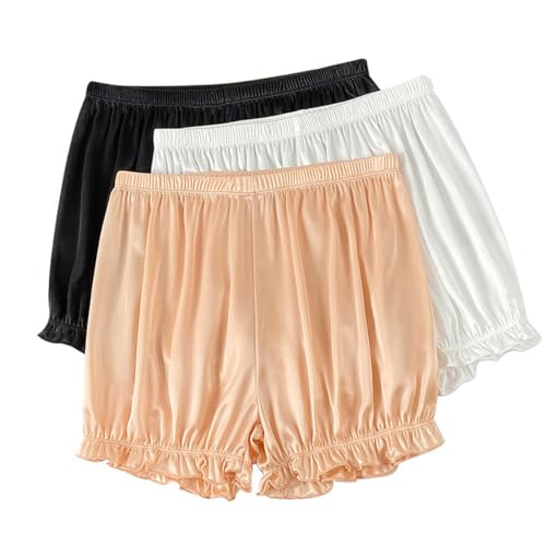AOOPOO 3er Pack Damen Satin Bloomers Shorts Kurz Pumphose Sommer Dünn Sicherheitshose Einfarbige Rüschen Höschen Lolita Pumpkin Pettipants, Geeignet für Gewicht 40-80kg von AOOPOO