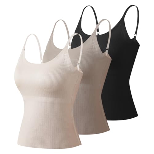 AOOPOO 3er-Pack Unterhemden Damen Sommer Nahtlos Gerippt Tank Top mit Integriertem BH Verstellbarer Spaghetti Träger Tops Basic Camisole Tank Top für Frauen und Mädchen, XS-M von AOOPOO