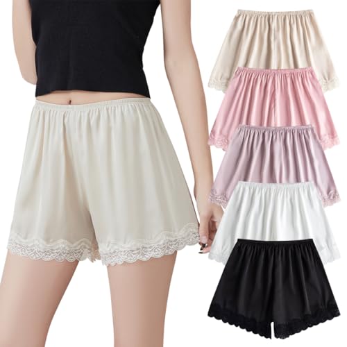 AOOPOO 5er-Pack Damen Satin Bloomers Shorts mit Spitze Kurze Hose Sommer Eisseide Nahtlose Unterhose Einfarbige Pumphose Sicherheitshose Kurz Höschen für unter Rock Kleider, Größe XS-M von AOOPOO