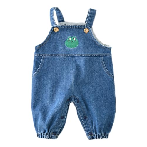 AOOPOO 6 Monate-3 Jahre Baby Jungen Mädchen Jean Latzhosen mit Frosch Muster Kleinkind Ärmellose Strampler Overall Jumpsuit Baumwolle Jeans Hose mit Hosenträger Gr. 68/70/74/80/86/92/98 von AOOPOO