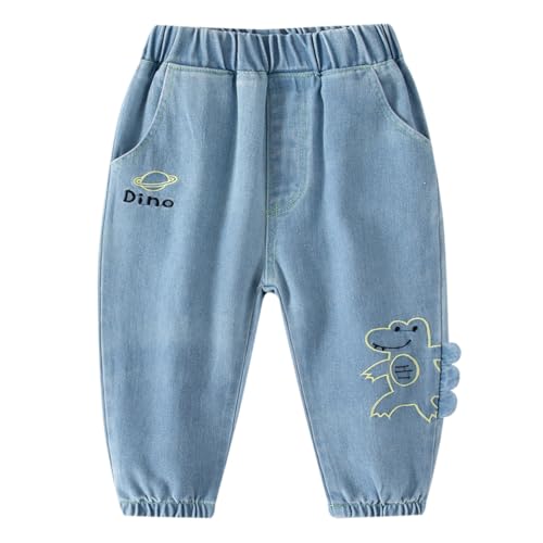AOOPOO Baby Kinder Jungen Jeanshose Elastische Taille Baumwolle Denim Hose mit Taschen Kleinkind Niedlicher 3D Cartoon Dinosaurier Loose Fit Lässige Jeans Hose für Jungen 1-7 Jahre Frühling Herbst von AOOPOO