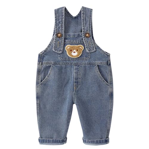 AOOPOO Baby Kinder Jungen Mädchen Jeans Latzhose Strampler Overalls Weich Elastisch Denim Hose mit Verstellbaren Hosenträgern für Frühling Herbst Cartoon Bär Kleinkind Denim Latzhose Langarmhose von AOOPOO