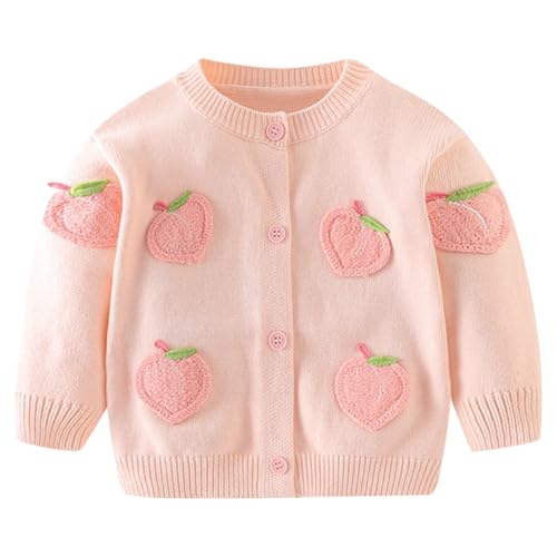 AOOPOO Baby Kleinkind Mädchen Strickjacke Gr. 68/74/86/98/104/116 Kleine Mädchen Baumwolle Pullover Cardigan mit Süßer Pfirsich Muster Kinder Langarm Gestrickte Jacke mit Knöpfen für Frühling Herbst von AOOPOO