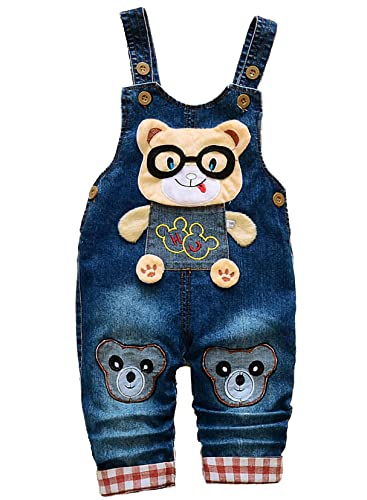 AOOPOO Baby Overall Denim Latzhose Jeans Latzhose Rollbare Latzhose Kinder 3D Niedlichen Cartoon Bär Muster Denim Latzhose Jean für Baby Jungen Mädchen Overall von AOOPOO