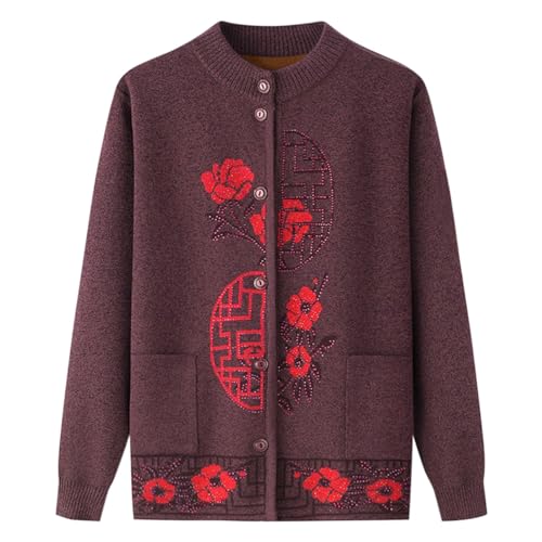 AOOPOO Gestrickte Strickjacken Senioren Mittleren Alters Bedruckte Damen Pullover Strickjacke Verdickter Plüschfutter Mutter Mantel Jacke Grobstrick Warme Bluse Oma Winter Thermo Strickoberteil von AOOPOO