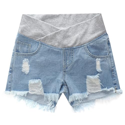 AOOPOO Jeans Shorts Umstandsmode Umstandsshorts Jeans Damen Schwangerschaft Denim Shorts Niedrige Taille Zerrissen Rohen Saum Umstandsmode Sommer Kurze Hose Jean Short für Schwangere Frauen, M-3XL von AOOPOO