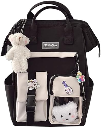 AOOPOO Kawaii Rucksack mit Kawaii-Anhänger und Zubehör Niedliche Schüler-Büchertasche Schöner Rucksack Reise Harajuku Schultasche für Teenager-Mädchen 38 * 26 * 18cm (Schwarz) von AOOPOO