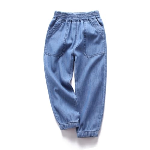 AOOPOO Kinder Jungen Mädchen Jeans Elastische Taille Denim Lang Hose mit Taschen Kleinkind Sommer Weich Leicht 100% Baumwolle Jeanshose Dünn Haremshose Jogginghose Lässige Hose Gr. 92-146 von AOOPOO