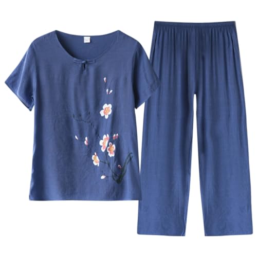 AOOPOO Loung-Sets Senioren Damen Sommer Kurzarm T-Shirts Oberteile Baumwolle Leinen Lange Hose Druck Zweiteilige Outfits Pyjama-Sets für Frauen Mittleren und Älteren Alters, S-XL von AOOPOO