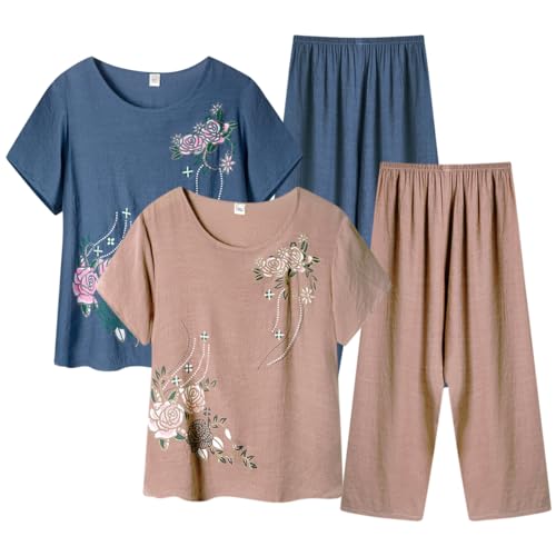 AOOPOO Loung-Sets Senioren Damen Sommer Kurzarm T-Shirts Top Baumwolle Leinen Lange Hosen Druck Zweiteilige Outfits Pyjama-Sets für Frauen Mittleren und Älteren Alters, 2er Pack, S-XL von AOOPOO