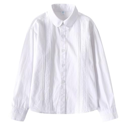 AOOPOO Mädchen Blusen 100% Baumwolle Weiche Weiß Langarmshirt mit Kläppchenkragen Button-Down Hemd Kinder Mädchen Schuluniform Lange Ärmel Weiß Bluse Tops Größe 110/116/128/134/146/158/164 von AOOPOO