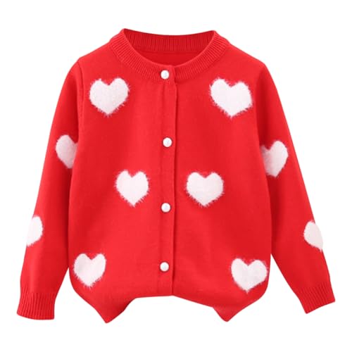 AOOPOO Mädchen Rundhals Cardigan Langarm Strickjacke Pullover mit Knöpfen und Süße Herzmuster Kinder Mode Leichter Strickpullover Top Warme Strickwaren Frühling Herbst Kleidung für Mädchen 2-9 Jahre von AOOPOO