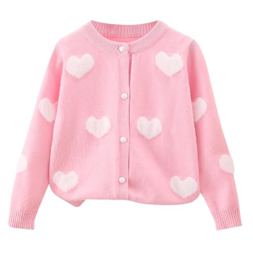 AOOPOO Mädchen Rundhals Cardigan Langarm Strickjacke Pullover mit Knöpfen und Süße Herzmuster Kinder Mode Leichter Strickpullover Top Warme Strickwaren Frühling Herbst Kleidung für Mädchen 2-9 Jahre von AOOPOO