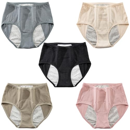 AOOPOO Perioden Unterwäsche Damen Baumwolle Menstruation Unterhosen Postpartum Slips Auslaufsichere Höschen mit Mittel Taille Damen Perioden Schlüpfer Panties Hipster 5er Pack von AOOPOO