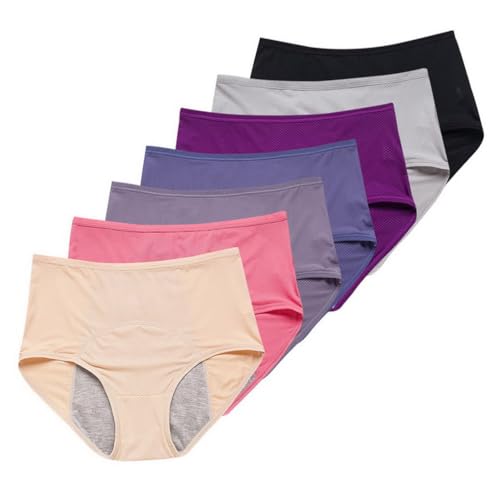 AOOPOO Perioden Unterwäsche Damen Mittelhohe Taille Auslaufsichere Menstruation Unterhosen Postpartum Slips Weiche Atmungsaktiv Frauen Perioden Unterwäsche Panties Hipster 7er Pack, M-5XL von AOOPOO