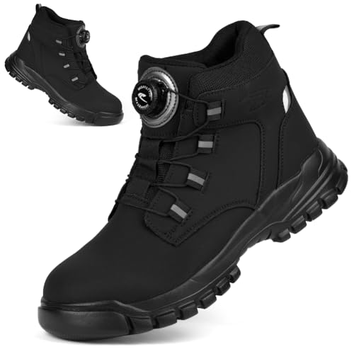 AOOSU Sicherheitsschuhe Herren Damen, Wasserdicht Stahlkappe Arbeitsschuhe mit Drehknopf, Schnittschutzstiefel, rutschfeste Leicht Knöchelhoch Leder Sicherheitsschuhe Größe 41 von AOOSU