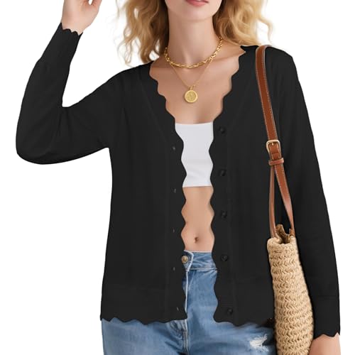 AOOSU Strickjacke Damen Kurz, Leichte Cardigan V Ausschnitt Strickjacke Elegant Bolerojacke Langarm Strickmantel mit Knöpfen, Freizeit Sommer Outerwear Schwarz für Kleid und Jeans - XL von AOOSU