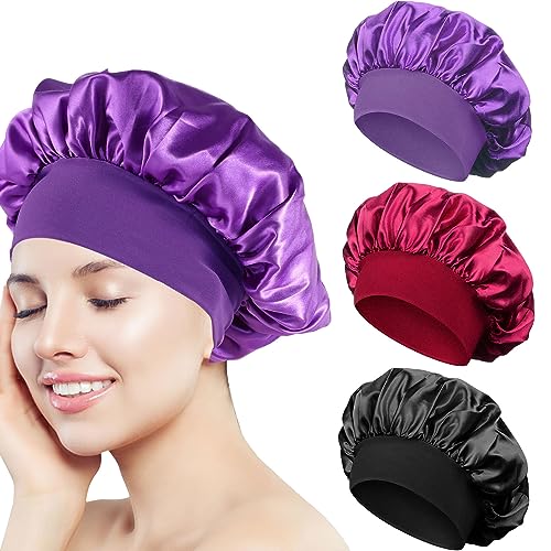 AOOTUERL 3 Stück Seidenhaube zum Schlafen, Schlafhaube Seide Locken Atmungsaktive Seide Schlafmütze Verstellbare Silk Bonnet Seidenhaube zum Schlafen Weiche Satin Haube für Damen von AOOTUERL