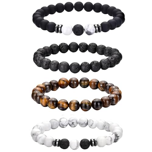 AOOTUERL Armband Herren, 8 mm Tigerauge Armband Lavastein Armbänder für Herren Set Naturstein Kristall Perlenarmband Herren Stretch Männer Armbänder Schmuck Geschenke für Männer von AOOTUERL