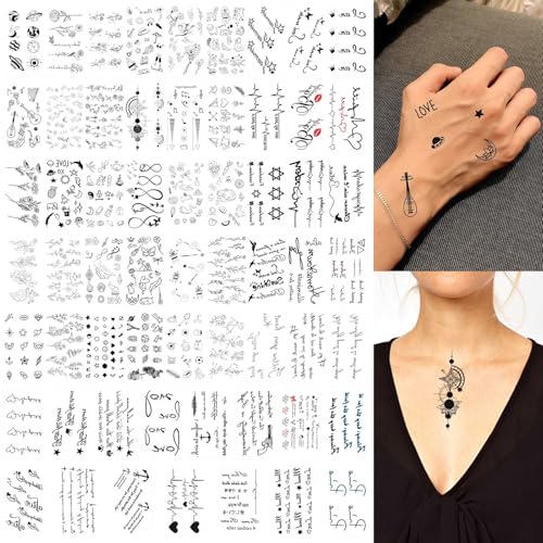AOOWU 60 BläTter Schwarz Rose Blume Temporäre Tattoos Erwachsene Geometrisch Aufkleber Gefälscht Wasserdicht Skizzieren Tätowierung Sexy Pfingstrose, Tattoos für Karnevalsschminke Halloween Masquerade von AOOWU