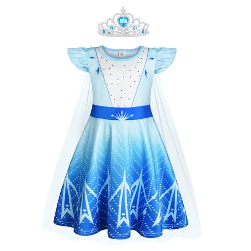AOOWU ELSA Kostüm Mädchen, ELSA Kinder Prinzessin Kleid, ELSA Kleid Kinder Set mit Krone, Mädchen Prinzessin Kostüm Ruffle Sleeve Dress für Verkleidung Karneval Halloween Weihnachten Geburtstag Party von AOOWU