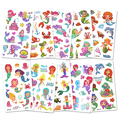 AOOWU Glitzer Tattoo Set Kinder, 10 Blätter Meerjungfrau Glitzertattoos Mädchen, Wasserdichte Kinder Tattoo Aufkleber Junge, Temporäre Kindertattoos für Party Deko Geschenke Mitgebsel Kindergeburtstag von AOOWU