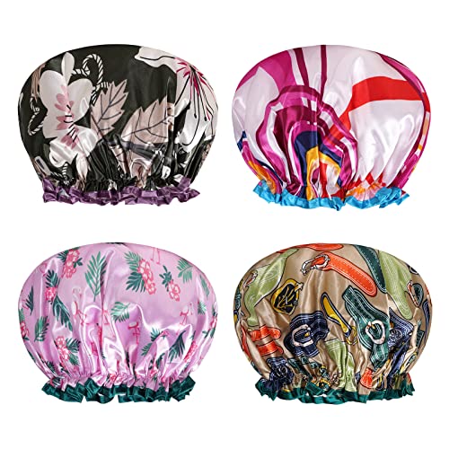 AOOWU Satin Duschhaube, 4 Stück Wasserdichte Elastische Shower Cap, Wiederverwendbare Doppellagige Schlafhaube für Locken Damen und Mädchen Zuhause Hotel Reisen(Farbstreifen+Flamingo+Gürtel+Lilie) von AOOWU