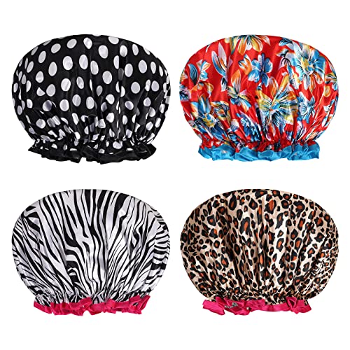 AOOWU Satin Duschhaube, 4 Stück Wasserdichte Elastische Shower Cap, Wiederverwendbare Doppellagige Schlafhaube für Locken Damen und Mädchen Zuhause Hotel Reisen(Zebra+Weißer Punkt+Leopard+Saflor) von AOOWU