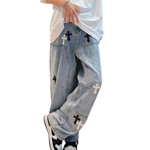 AOPEZIA Baggy Jeans Herren mit Print Jeanshose für Männer mit Drucken Wide Leg Baggy Jeans Hip Hop Jeans Y2K Lockere Gewaschene Jeanshosen Fashion Jeans(Blue,L) von AOPEZIA