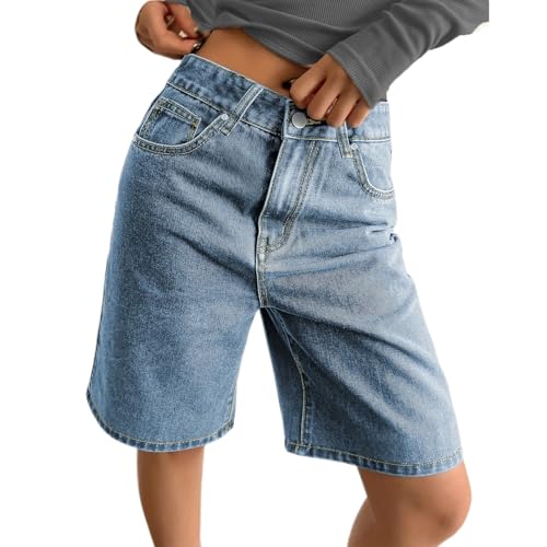 AOPEZIA Damen Baggy Denim Bermuda Shorts Y2k Vintage Straight Leg Lässige knielange Jeans Jorts mit Taschen Mid-Low Waist Y2K Sommer Kurze Hosen(Light blue,S) von AOPEZIA