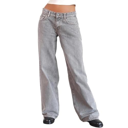 AOPEZIA Damen Low Rise Baggy Jeans Lässige Mode Y2K Hip Hop Wide Leg Denim-Hosen Streetwear(Light gray,L) von AOPEZIA