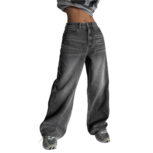 AOPEZIA Damen Low Waist Y2k Jeans Mädchen Vintage Baggy Hose Wide Leg Straight Denim Pants Stretch Jean E-Girl Streetwear(Dunkelgrau,S) von AOPEZIA