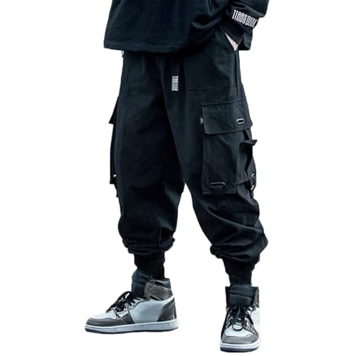 AOPEZIA Herren Mehrere Taschen Lässige Cargohose Techwear Hosen Hip Hop Jogger Tapered Hosen Schnalle Riemen Jogginghose Streetwear Punk Hose(Black,L) von AOPEZIA
