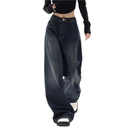 AOPEZIA Jeans Damen Baggy Y2k Boyfriend Jeanshose Low Waist Hip Hop Straight Vintage Denim Hose Breites Bein Loose Hosen Locker Streetwear Schlupfjeans Freizeithose(Dark blue,S) von AOPEZIA